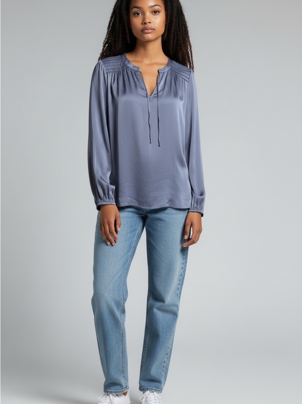 Women's Current Air Los Angeles Blue Long Sleeve Smocked Neck Blouse Size S